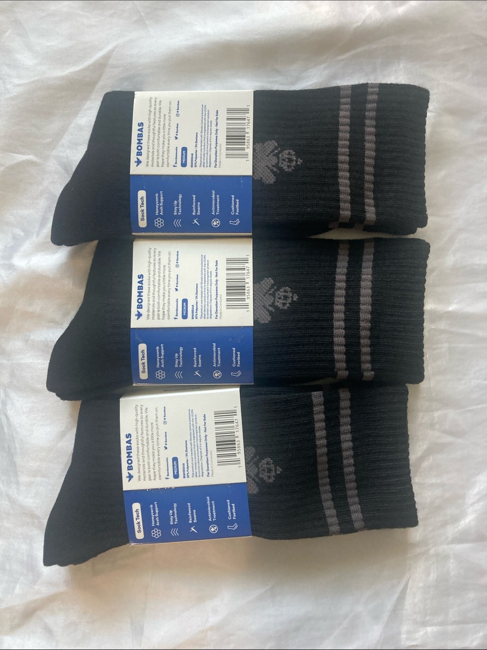 Bombas Black Crew Socks with Gray Stripe - 3-Pack